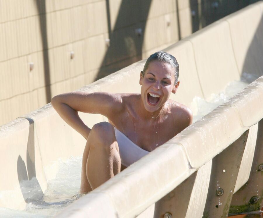 Free porn pics of White strapless bikini on sexy girl in waterpark 8 of 30 pics