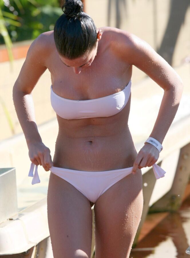 Free porn pics of White strapless bikini on sexy girl in waterpark 16 of 30 pics