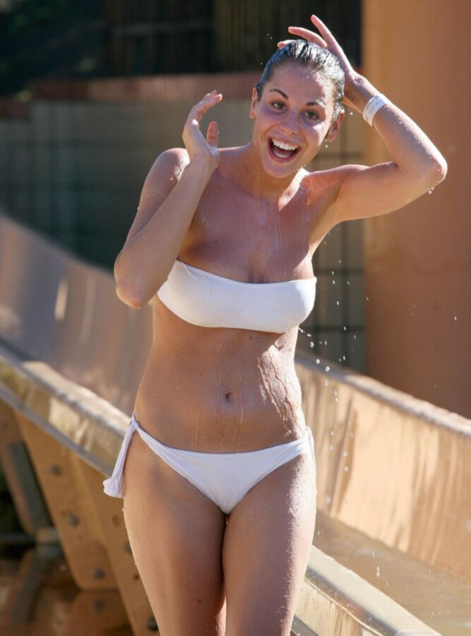Free porn pics of White strapless bikini on sexy girl in waterpark 4 of 30 pics